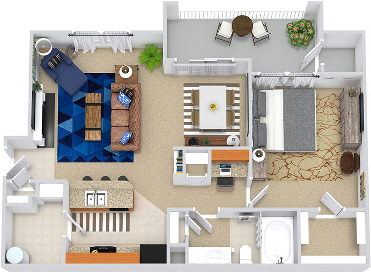 Floor plan for 1 bed, 1 bath, 794 sqft